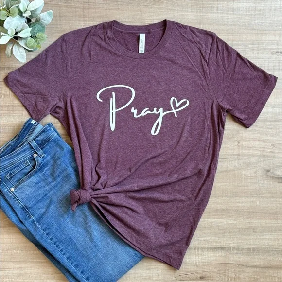 Maroon Tri-Blend Tee Pray w/ Heart Design - Picture 1 of 3